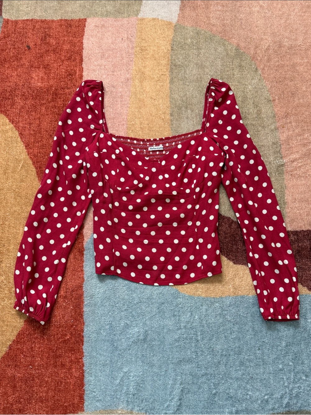 Reformation Red Polka Dot Corset Puff Sleeve Top